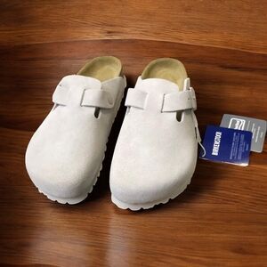 Birkenstock Boston White Suede Mules - Narrow Fit